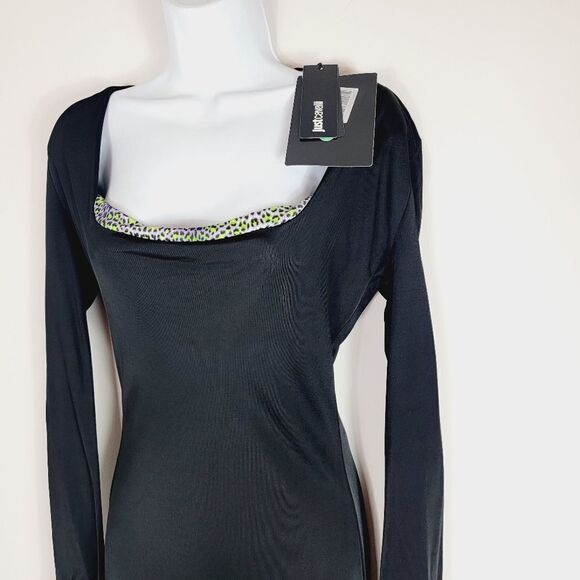 Just Cavalli Black Square Neck Bodycon Dress Animal Print Neckline Size S NWT - Picture 4 of 14